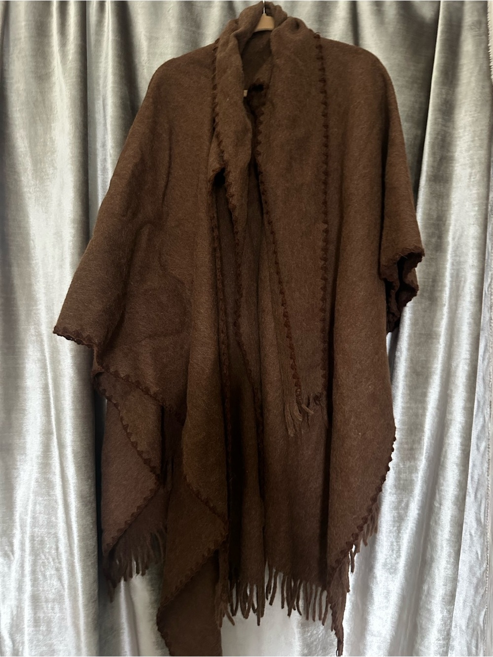 Lanificio del Peru, Brown Fringe Wrap Poncho, Lama wool